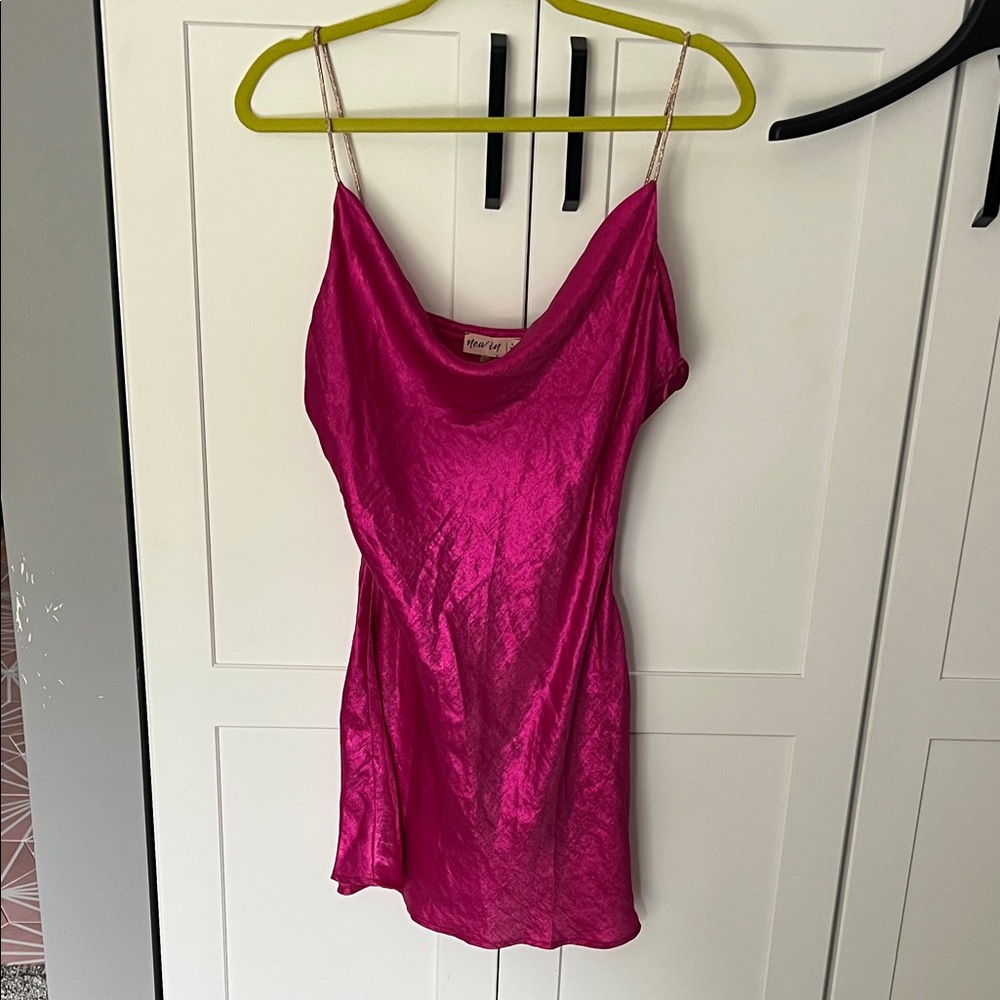 Pink Metallic Satin Slip Dress with Rhinestone straps